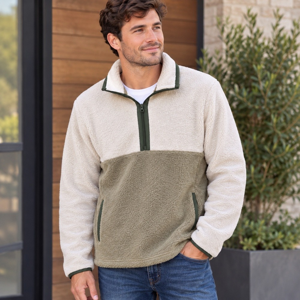 Sonoma Mens Quarter Zip Sherpa Fleece Pullover Colorblock Cream Olive Size M